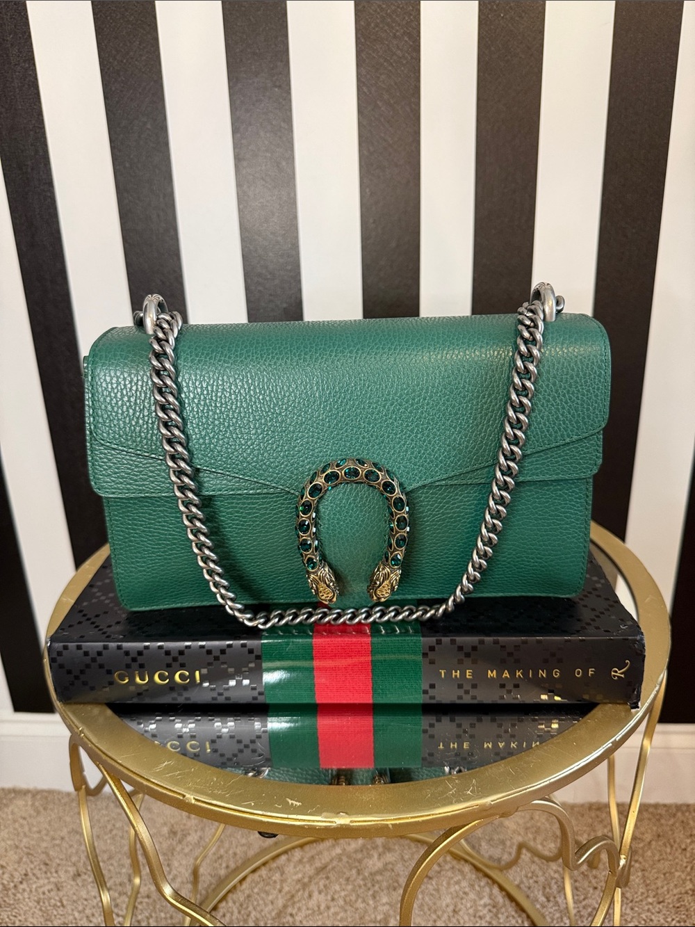 Gucci Emerald Green Pebbled Leather Shoulder Bag with Silver Chain